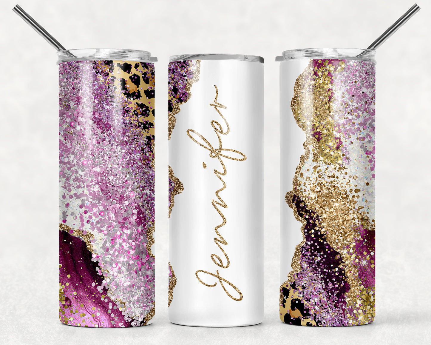Purple Gold Leopard Marble Glitter Cheetah With Name Tumbler